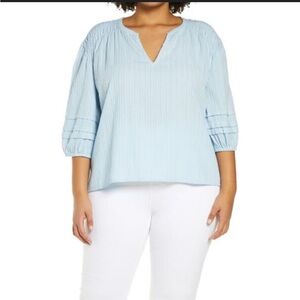 NWT- Nordstrom- Caslon- Sz Lrg- Sky Blue 3/4 Sleeve- High Low- V Neck Blouse